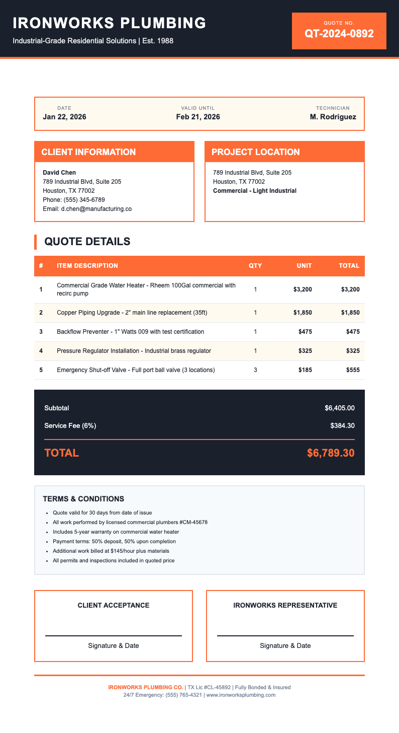 Bold industrial plumbing quotation